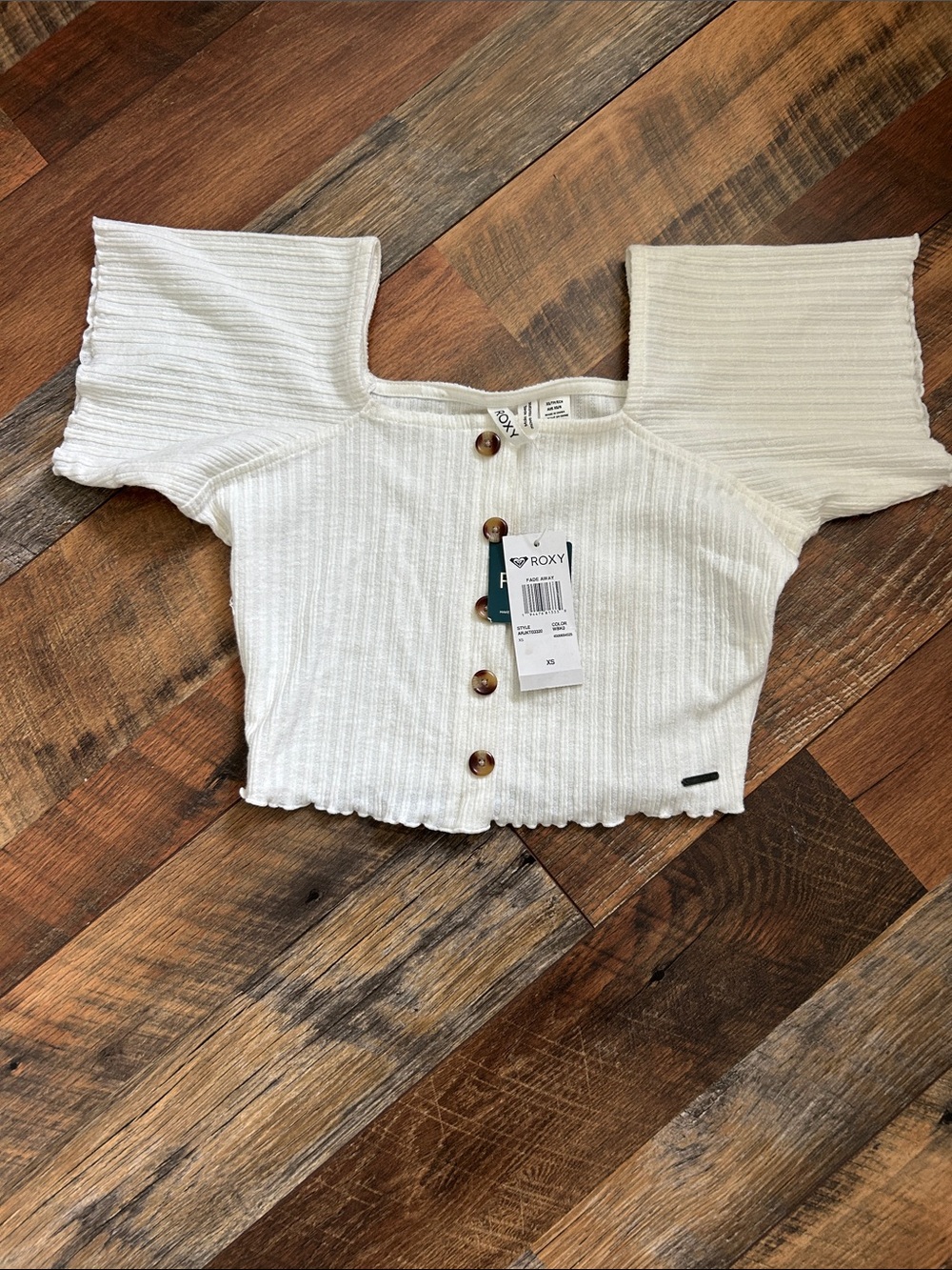 Roxy White Ribbed Square-Neck Button Crop Top